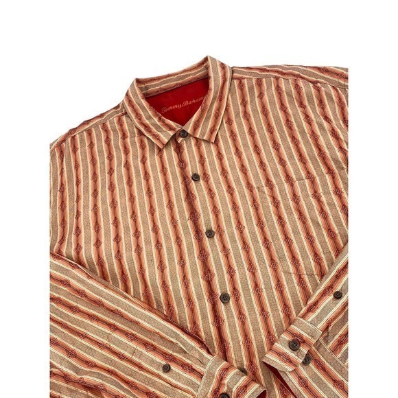 Tommy Bahama 100% Silk Shirt Burnt Orange / Tan Stripes Long Sleeves Men’s XXL - Picture 9 of 13